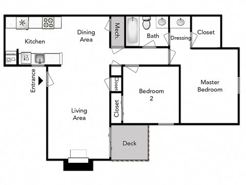 Floor plan for 2 beds, 1 bath, 880 sqft